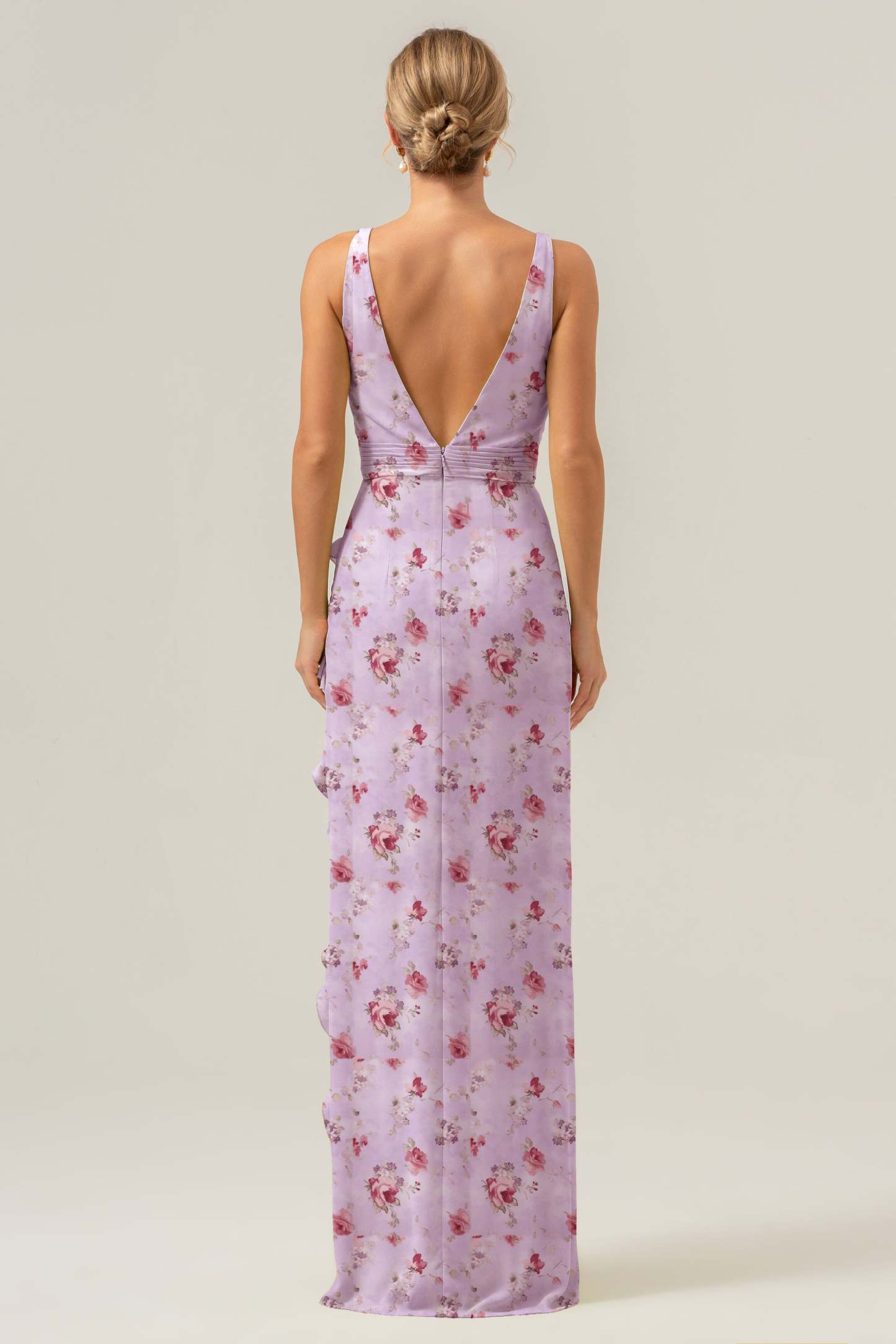 Lavender Flower V-Neck Sheath Ruffled Bridesmaid Dress with Slit