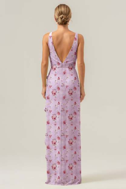 Lavender Flower V-Neck Sheath Ruffled Bridesmaid Dress with Slit