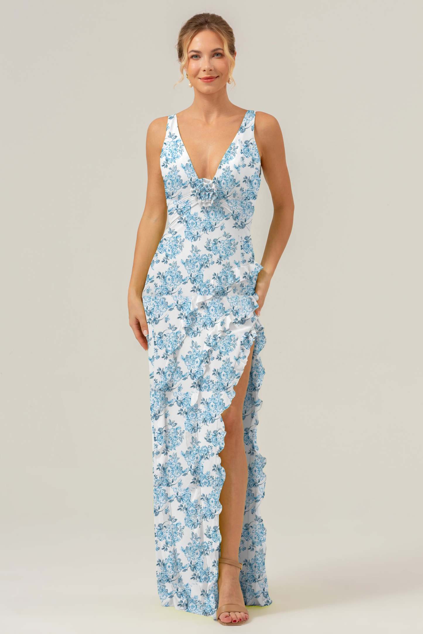 Leely Women Green Flower Sheath Ruffled Bridesmaid Dress with Slit V-Neck Floral Long Wedding Guest Dress