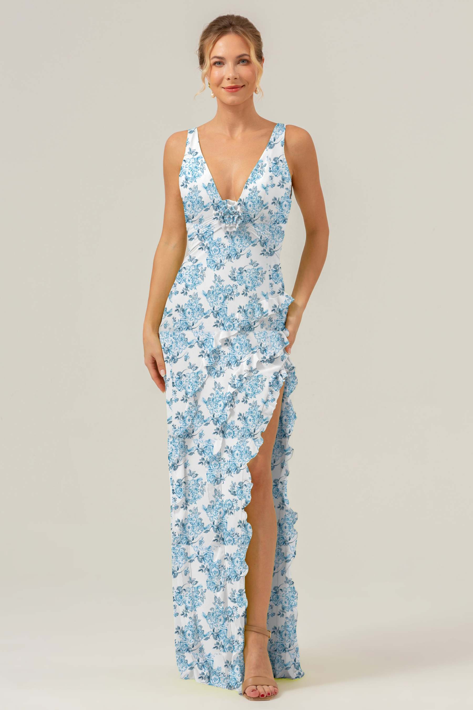 Leely Women Green Flower Sheath Ruffled Bridesmaid Dress with Slit V-Neck Floral Long Wedding Guest Dress