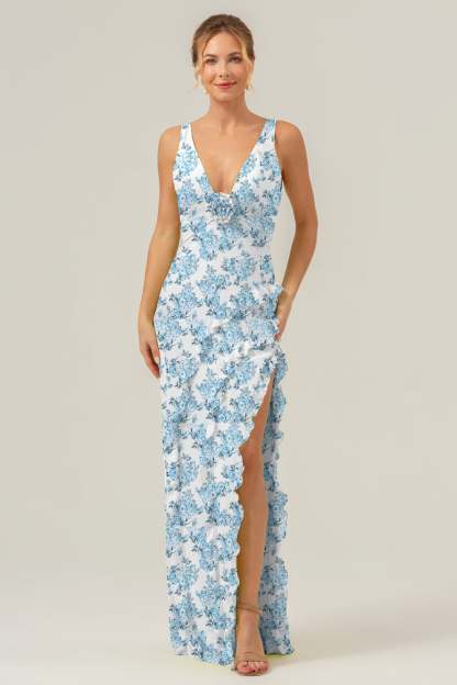 Leely Women Green Flower Sheath Ruffled Bridesmaid Dress with Slit V-Neck Floral Long Wedding Guest Dress