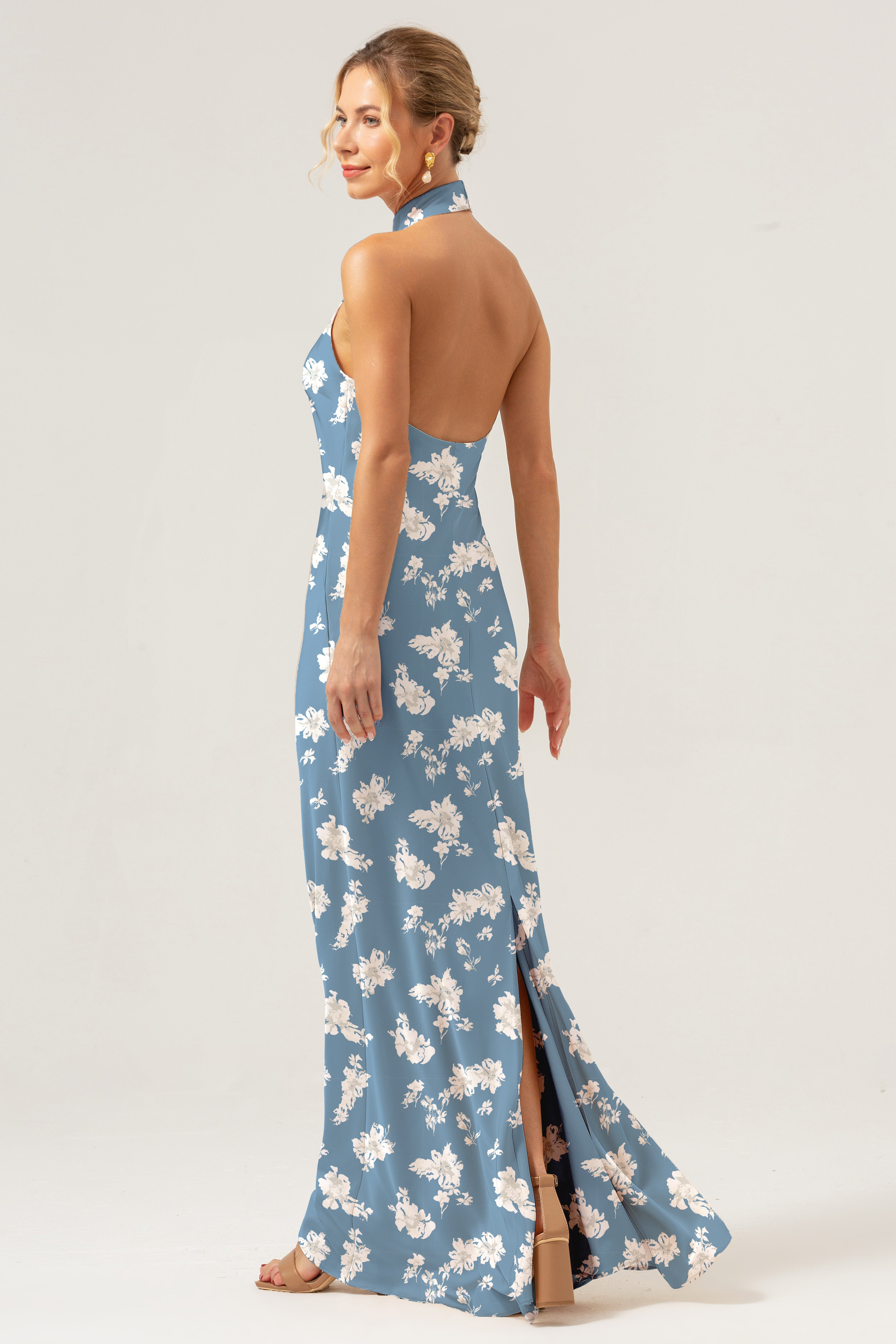 Blue Flower Halter Satin Bodycon Backless Bridesmaid Dress