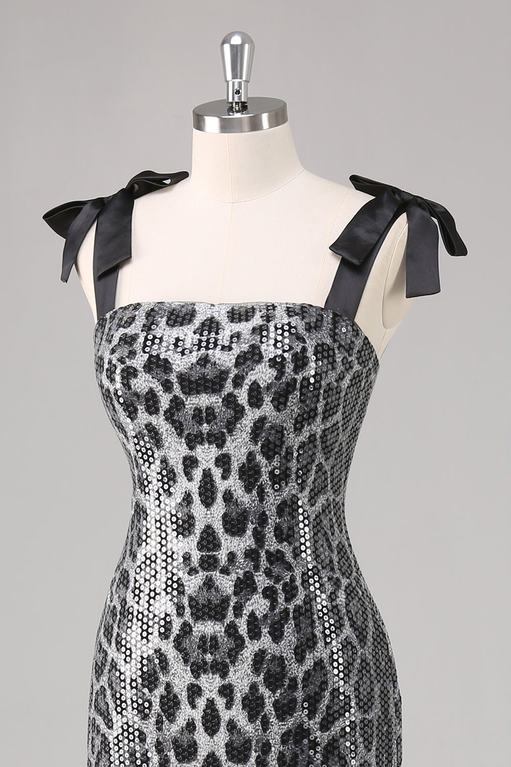 Grey Leopard Sheath Printed Formal Dress with Bows