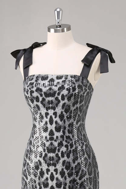 Grey Leopard Sheath Printed Formal Dress with Bows