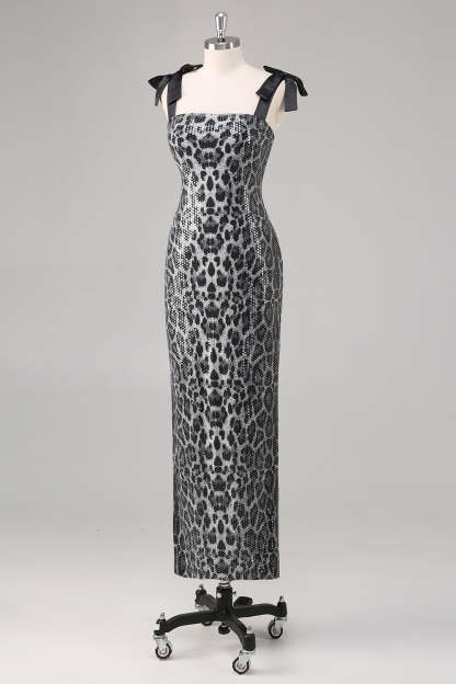 Grey Leopard Sheath Printed Formal Dress with Bows