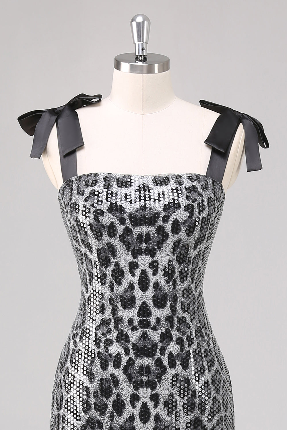 Grey Leopard Sheath Printed Formal Dress with Bows