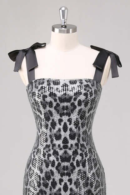 Grey Leopard Sheath Printed Formal Dress with Bows