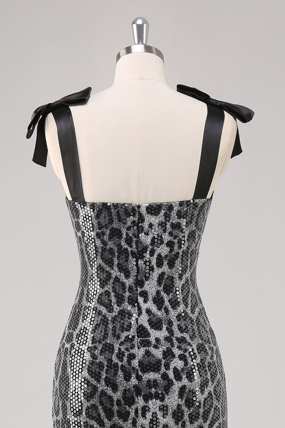 Grey Leopard Sheath Printed Formal Dress with Bows