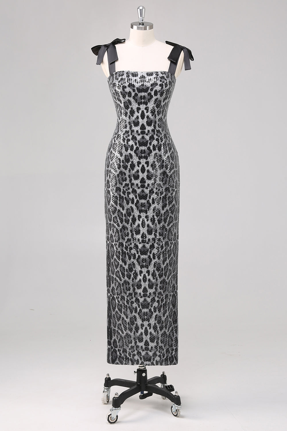 Leely Women Grey Leopard Sheath Printed Formal Dress Square Neck Cocktail Dress with Bows