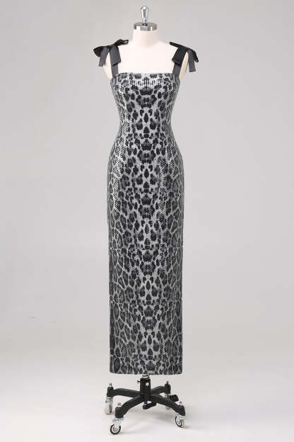 Leely Women Grey Leopard Sheath Printed Formal Dress Square Neck Cocktail Dress with Bows