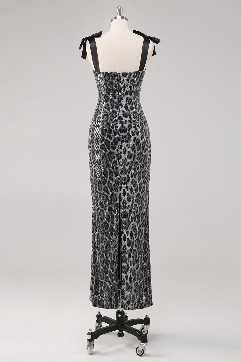 Grey Leopard Sheath Printed Formal Dress with Bows