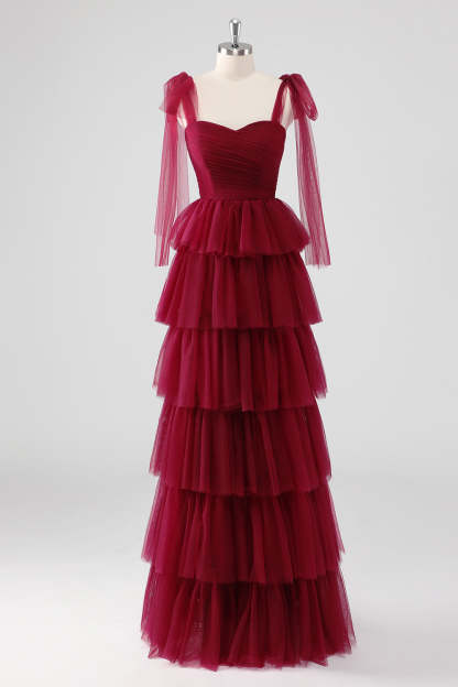 Leely Women Burgundy Sweetheart A Line Formal Dress with Bows Spaghetti Straps Long Tiered Wedding Guest Dress