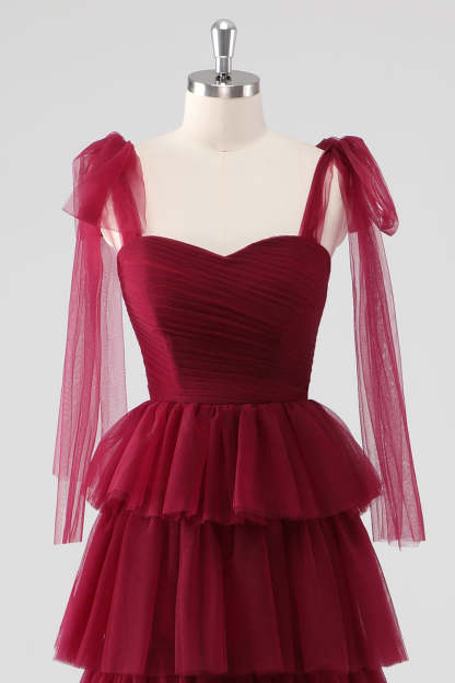 Burgundy Sweetheart A Line Tiered Formal Dress with Bows