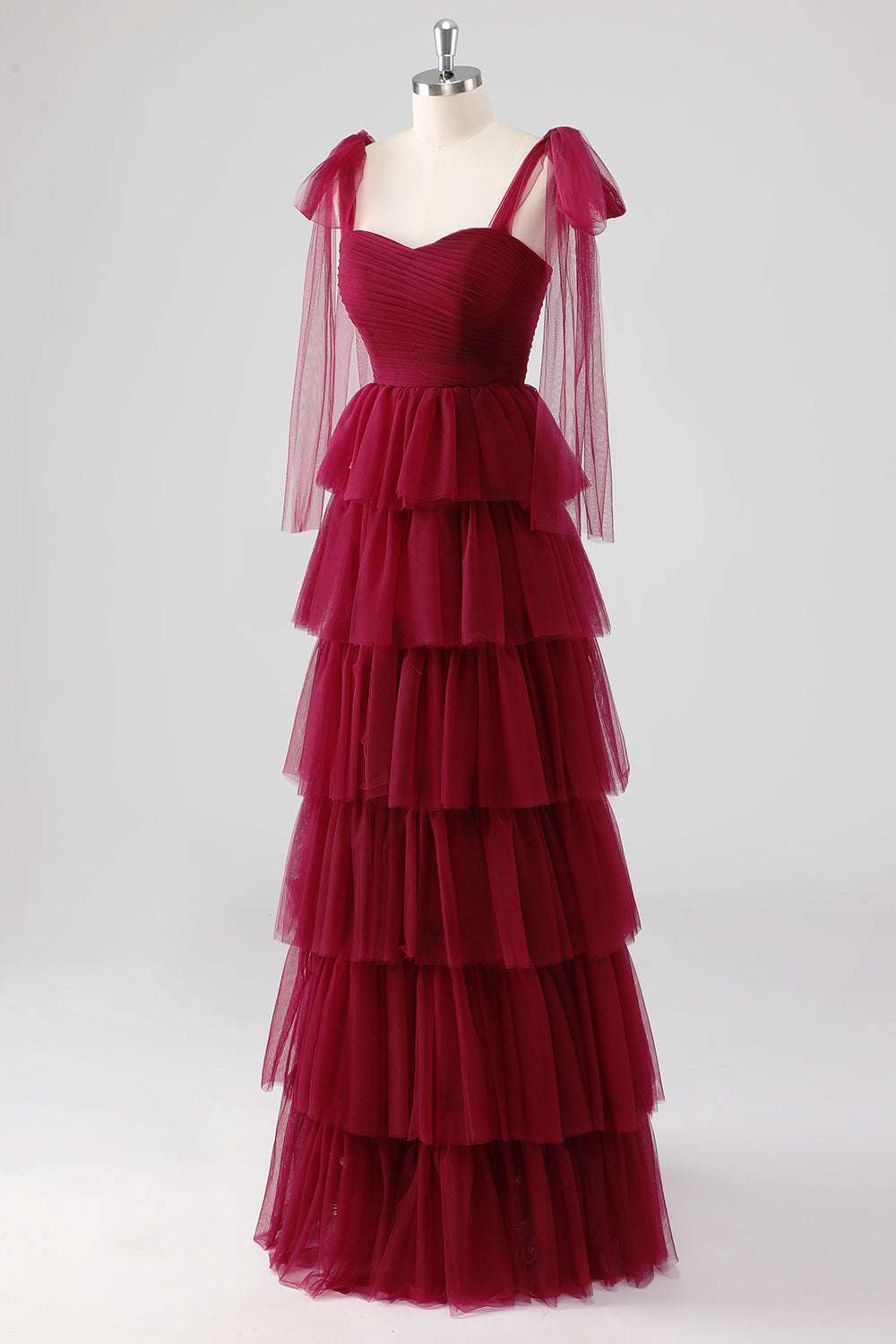 Burgundy Sweetheart A Line Tiered Formal Dress with Bows