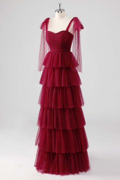 Burgundy Sweetheart A Line Tiered Formal Dress with Bows