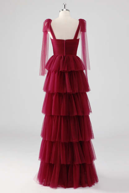 Burgundy Sweetheart A Line Tiered Formal Dress with Bows