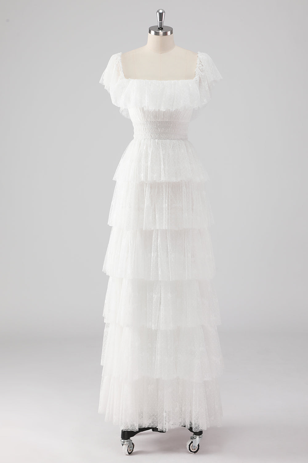 Black Square Neck Lace A Line Tiered Formal Dress