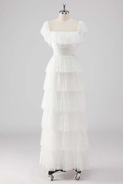Black Square Neck Lace A Line Tiered Formal Dress