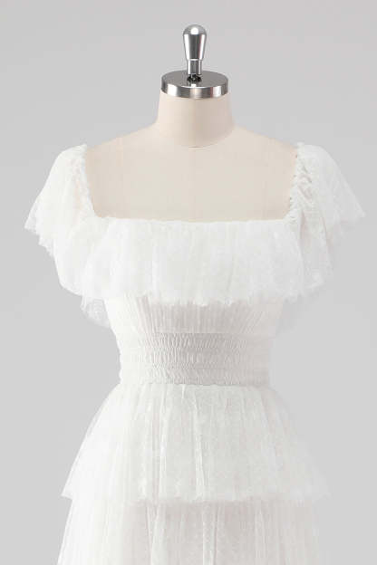 Black Square Neck Lace A Line Tiered Formal Dress