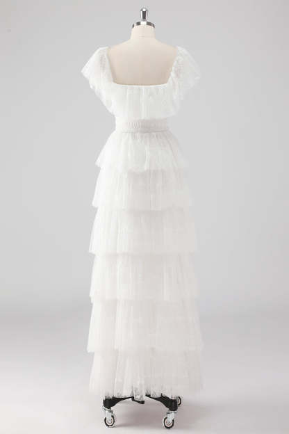 Black Square Neck Lace A Line Tiered Formal Dress
