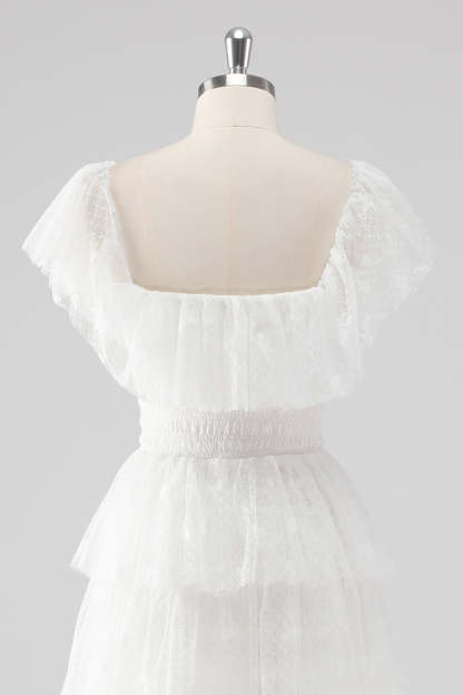 Black Square Neck Lace A Line Tiered Formal Dress