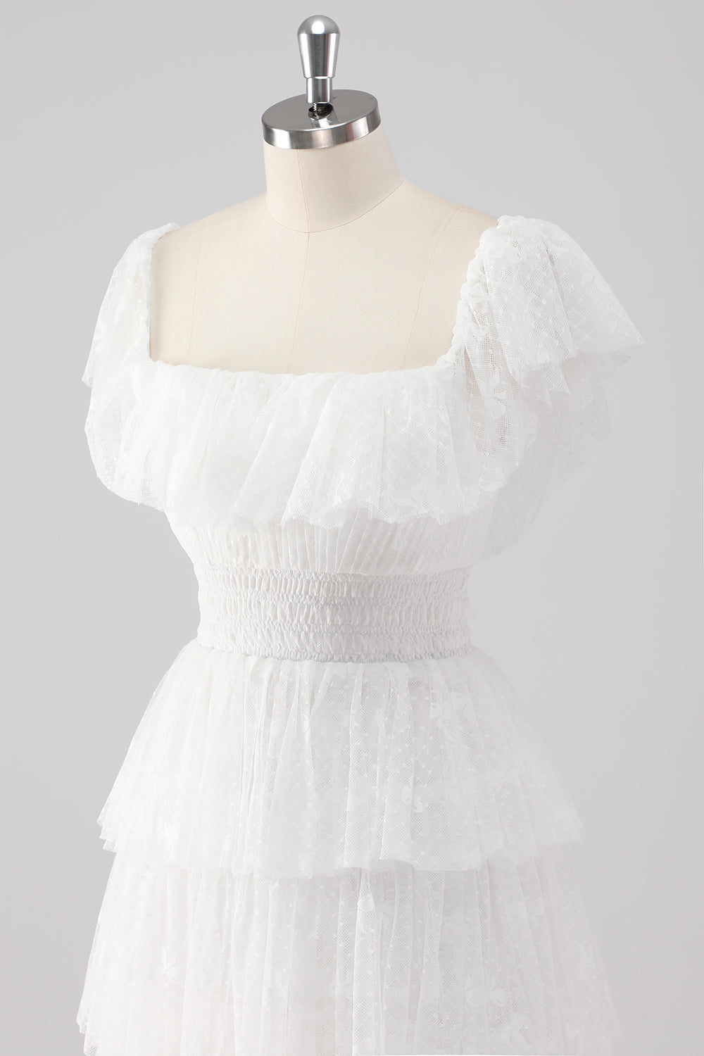 Black Square Neck Lace A Line Tiered Formal Dress