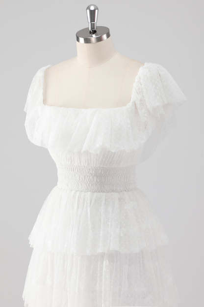 Black Square Neck Lace A Line Tiered Formal Dress