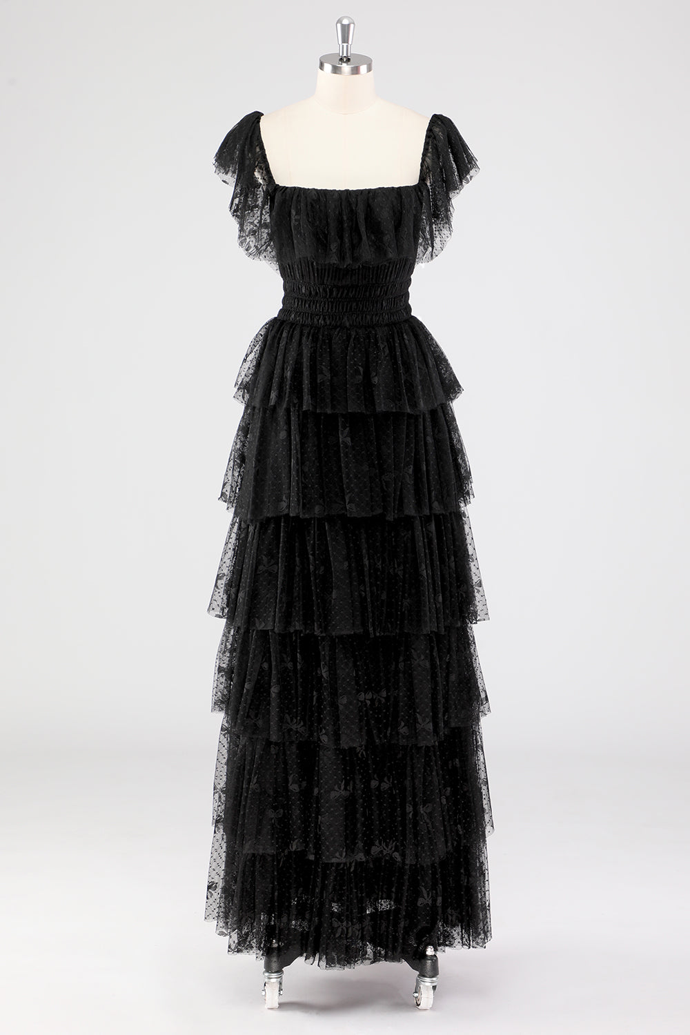 Leely Women Black Square Neck Lace A Line Formal Dress Ruffle Sleeves Long Tiered Wedding Guest Dress