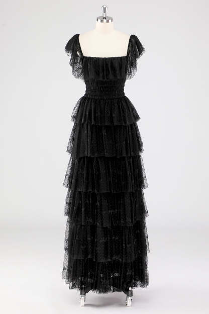 Leely Women Black Square Neck Lace A Line Formal Dress Ruffle Sleeves Long Tiered Wedding Guest Dress