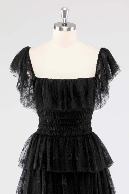 Black Square Neck Lace A Line Tiered Formal Dress