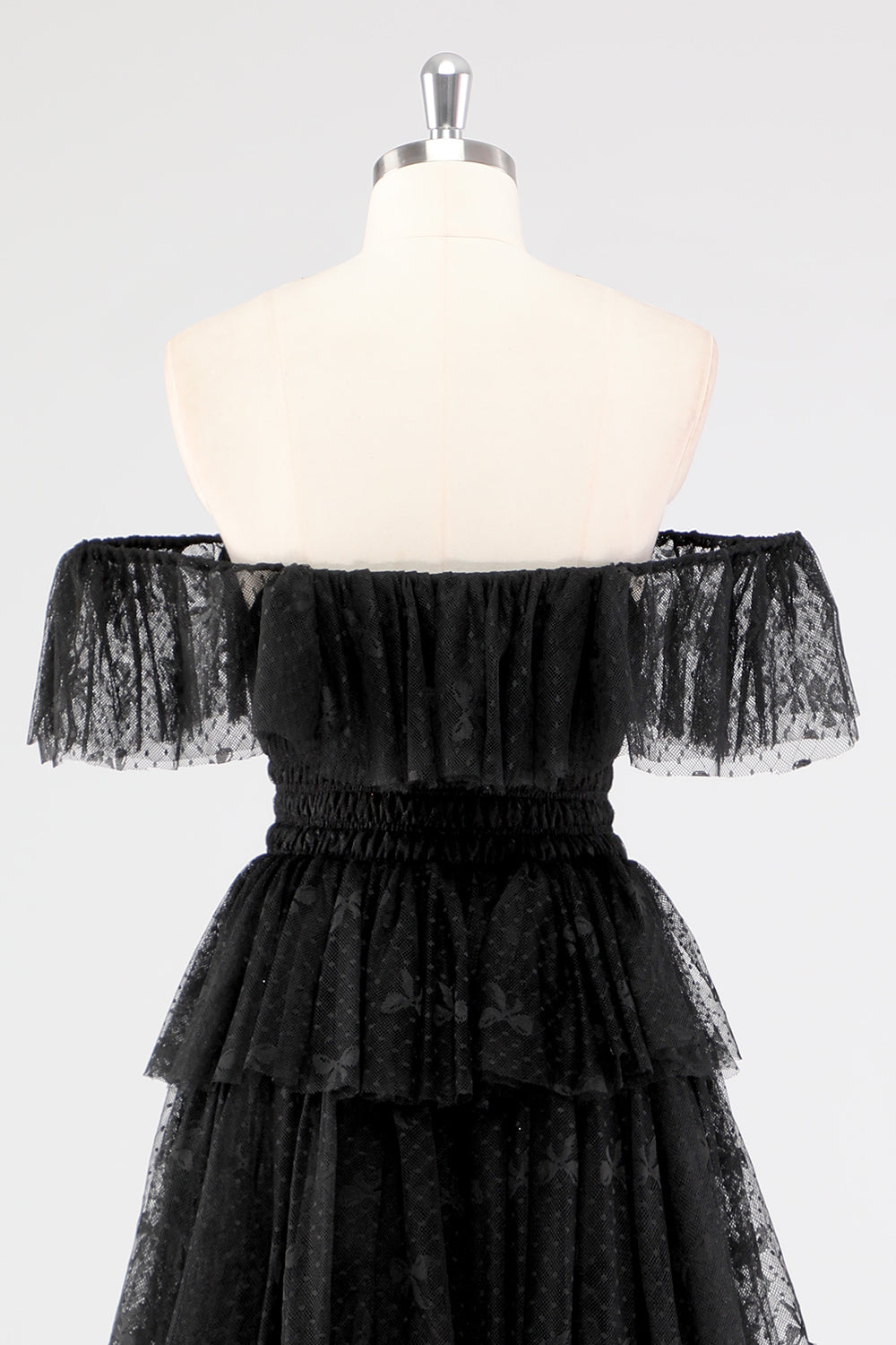 Black Square Neck Lace A Line Tiered Formal Dress