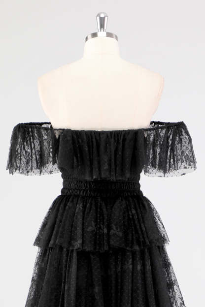 Black Square Neck Lace A Line Tiered Formal Dress