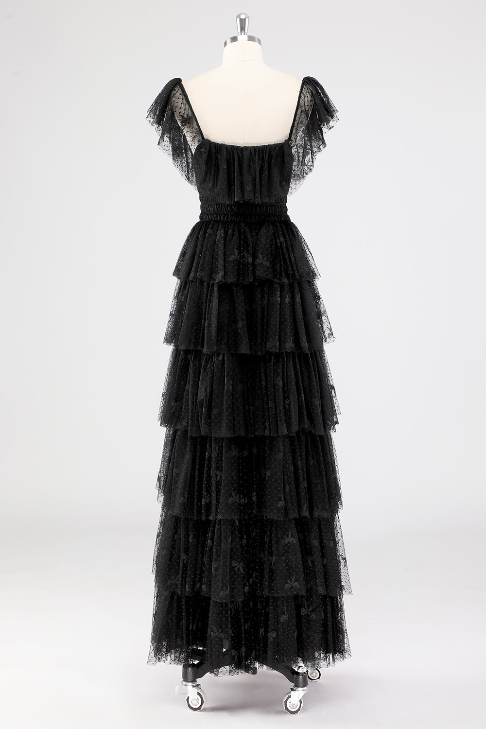Black Square Neck Lace A Line Tiered Formal Dress