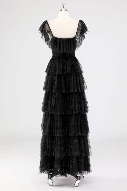 Black Square Neck Lace A Line Tiered Formal Dress