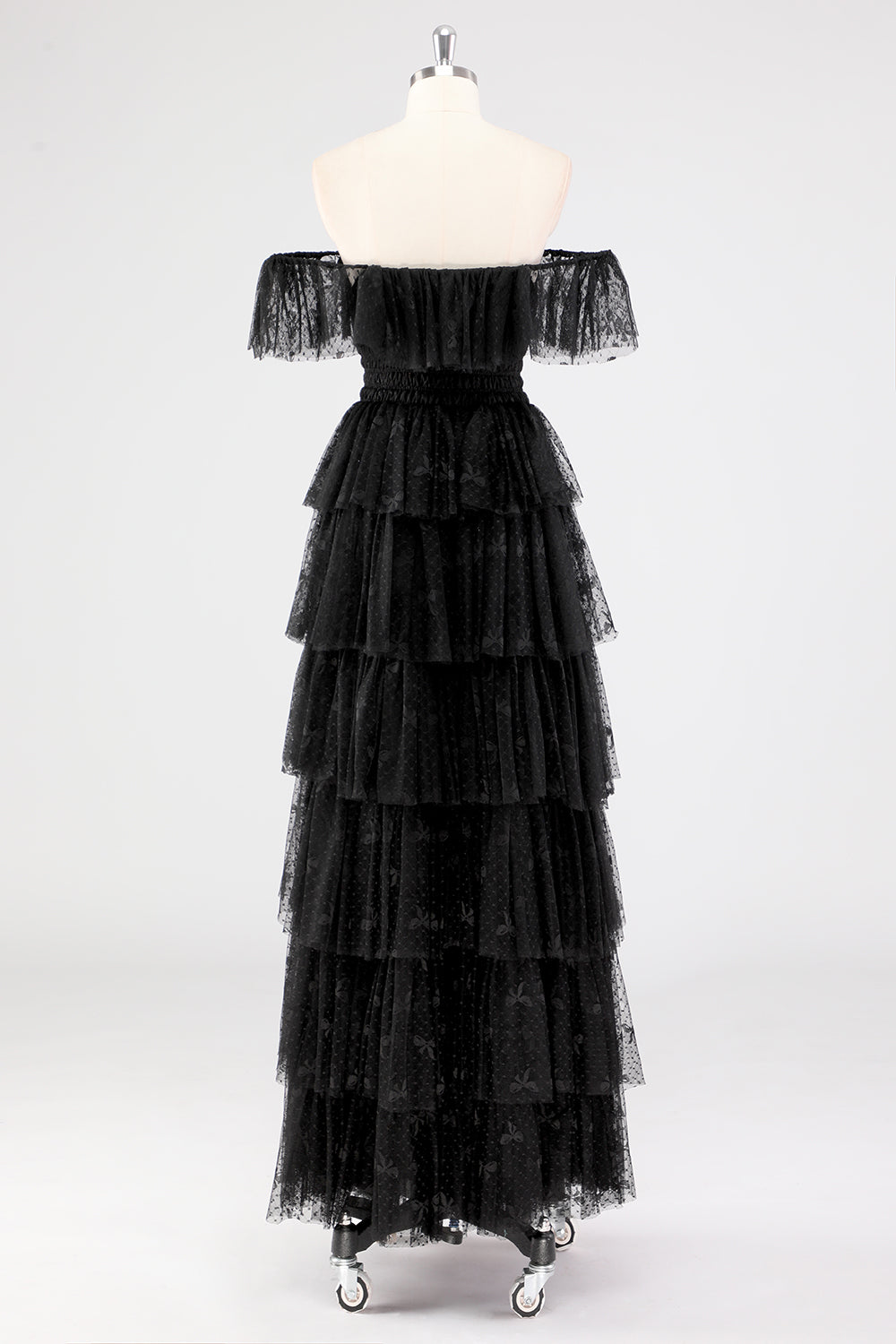 Black Square Neck Lace A Line Tiered Formal Dress