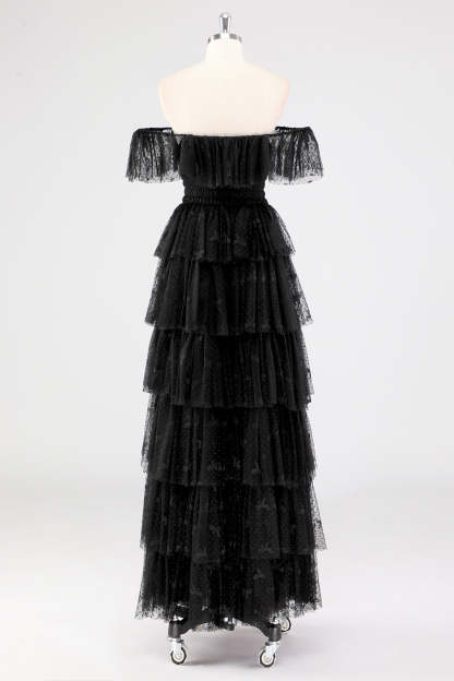 Black Square Neck Lace A Line Tiered Formal Dress