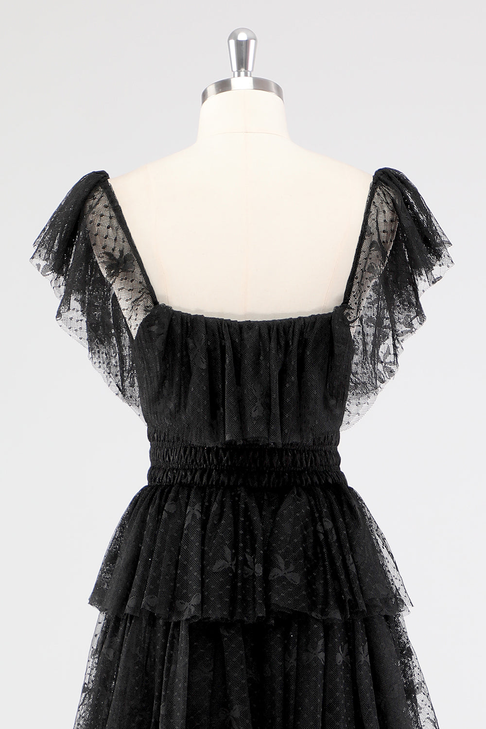 Black Square Neck Lace A Line Tiered Formal Dress