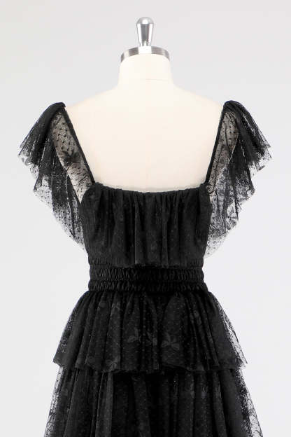 Black Square Neck Lace A Line Tiered Formal Dress