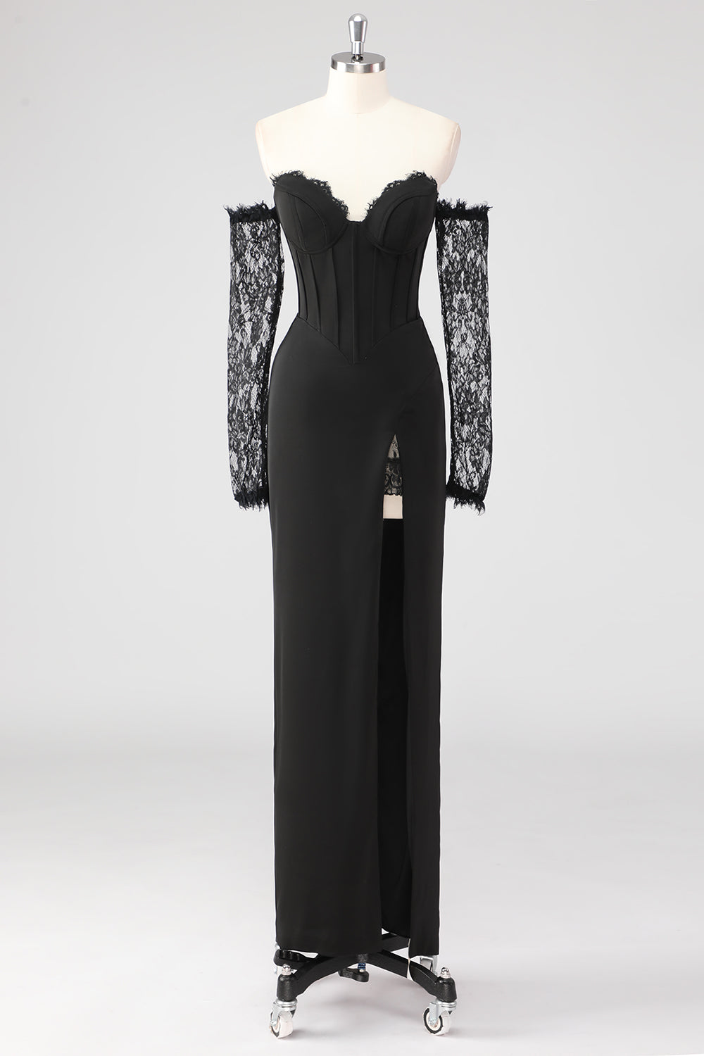 Leely Women Black Corset Lace Sleeves Sheath Formal Dress with Slit Off the Shoulder Long Wedding Guest Dress