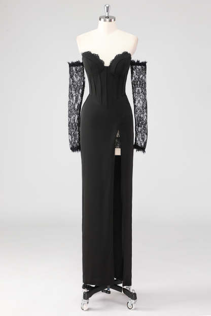 Leely Women Black Corset Lace Sleeves Sheath Formal Dress with Slit Off the Shoulder Long Wedding Guest Dress