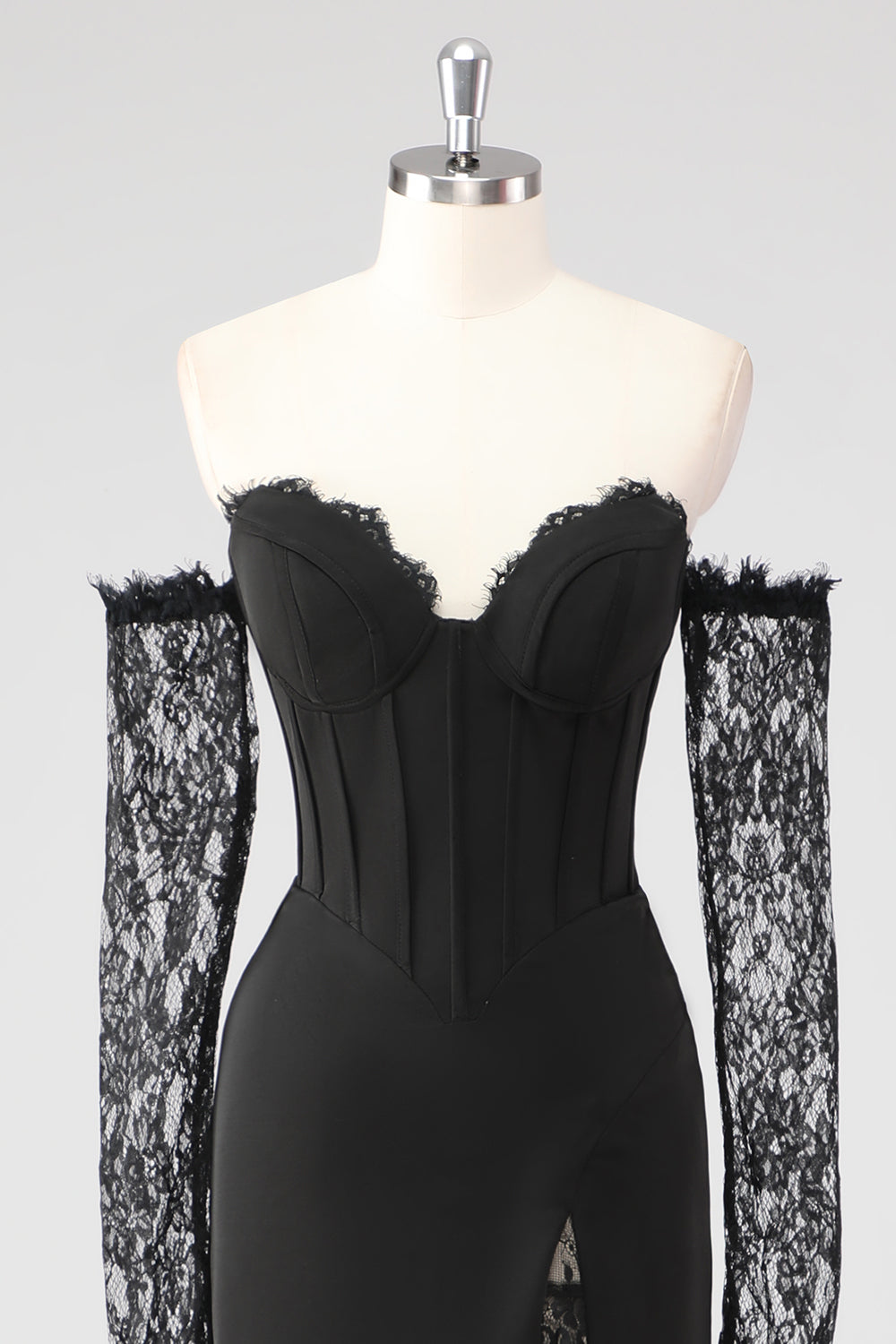 Black Corset Lace Sleeves Sheath Formal Dress with Slit