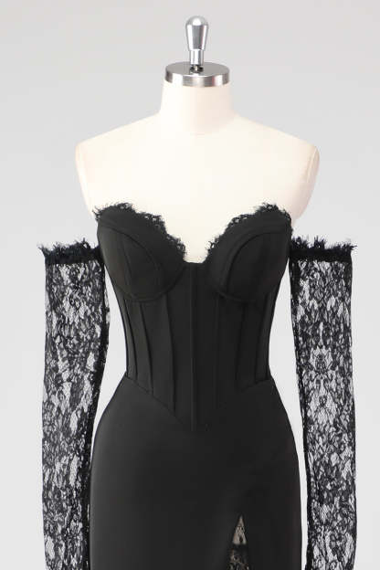 Black Corset Lace Sleeves Sheath Formal Dress with Slit