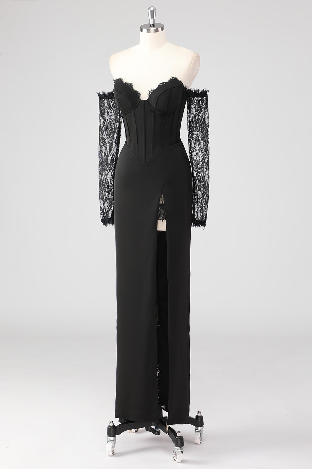 Black Corset Lace Sleeves Sheath Formal Dress with Slit