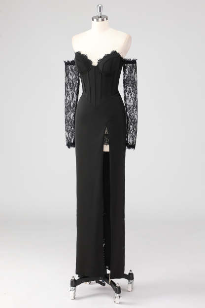 Black Corset Lace Sleeves Sheath Formal Dress with Slit