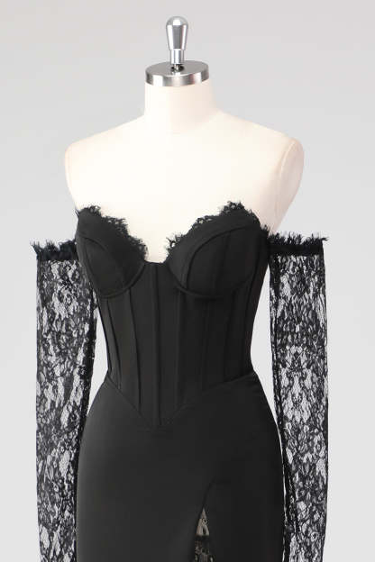Black Corset Lace Sleeves Sheath Formal Dress with Slit