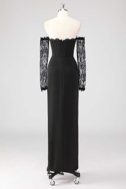 Black Corset Lace Sleeves Sheath Formal Dress with Slit