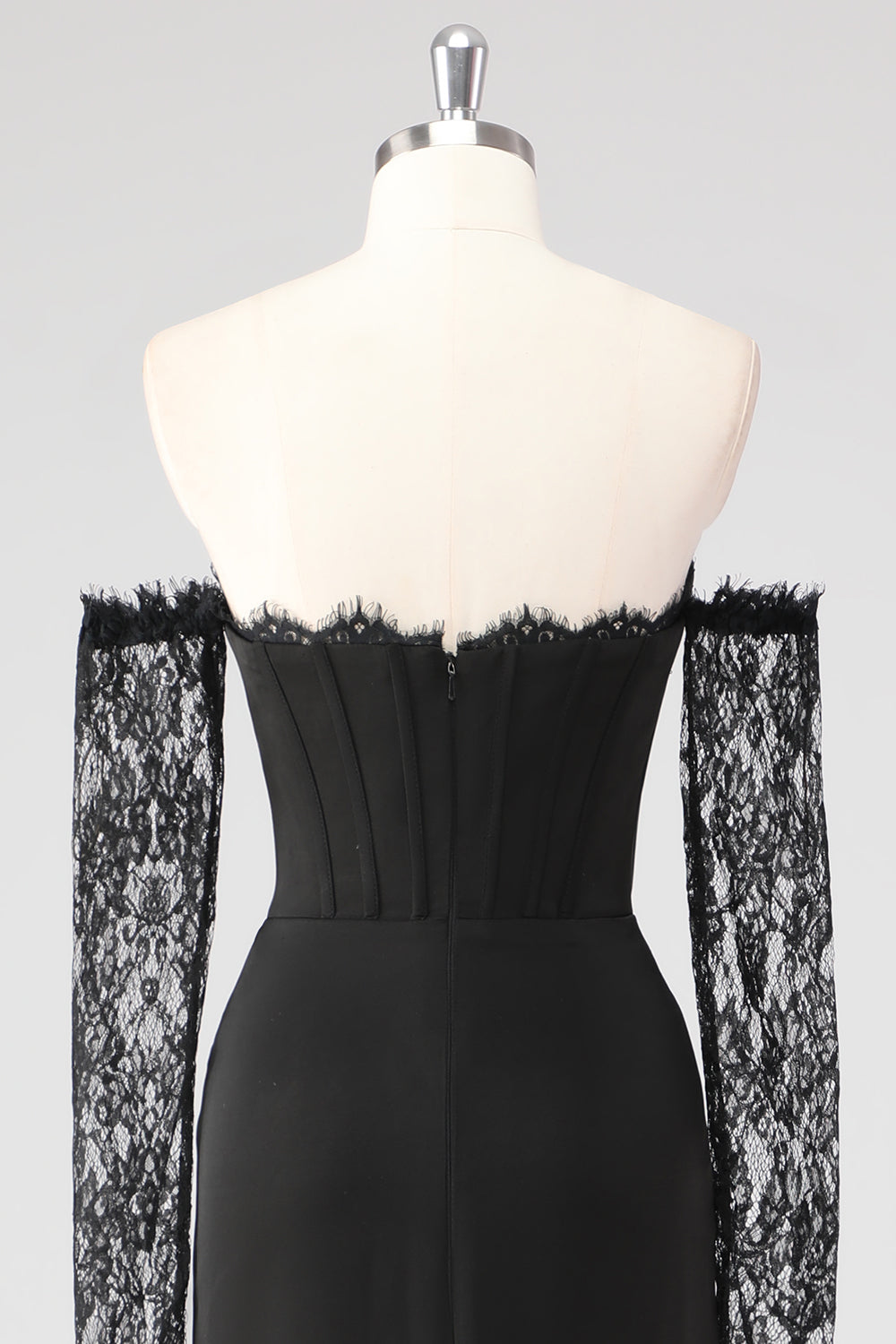 Black Corset Lace Sleeves Sheath Formal Dress with Slit
