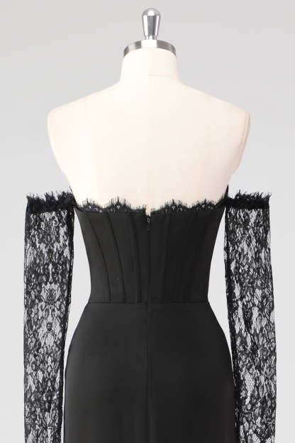 Black Corset Lace Sleeves Sheath Formal Dress with Slit