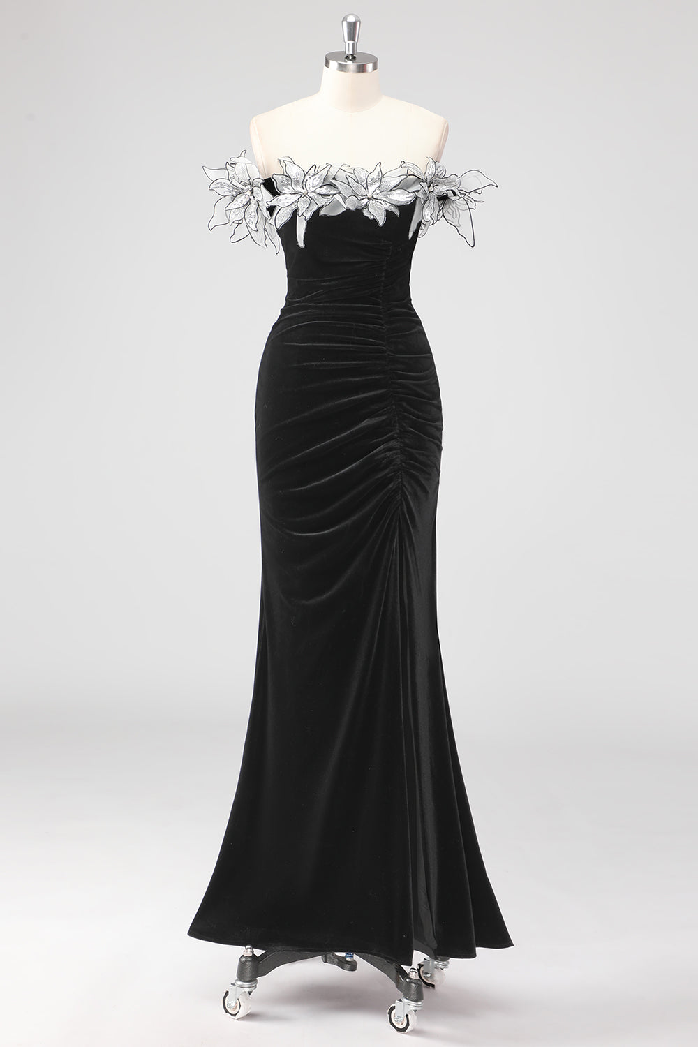 Leely Women Black Ruched 3D Flowers Mermaid Formal Dress with Slit Off the Shoulder Velvet Long Wedding Guest Dress