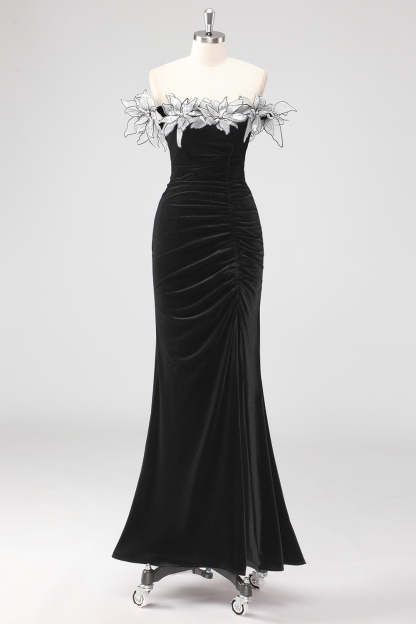 Leely Women Black Ruched 3D Flowers Mermaid Formal Dress with Slit Off the Shoulder Velvet Long Wedding Guest Dress